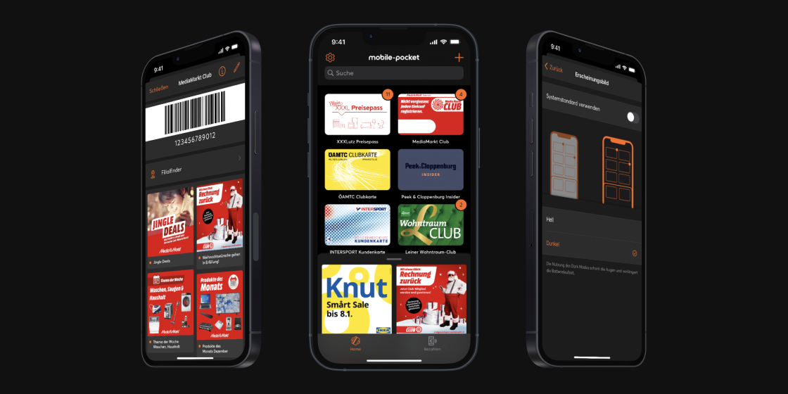Drei Screens von mobile-pocket im Dark Mode