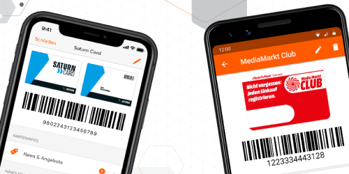 Screens davon, wie die Kundenkarten-App mobile-pocket bei MediaMarkt und Saturn im Einsatz ist