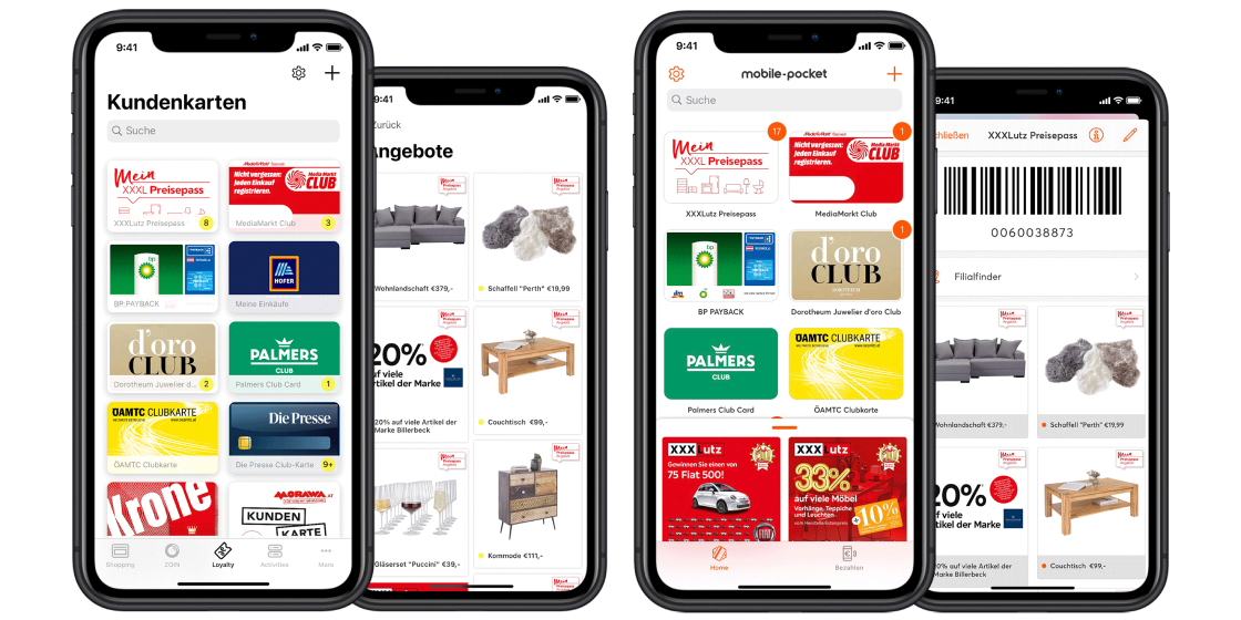 Screens der mobile-pocket Kundenkarten in Banken-Wallets
