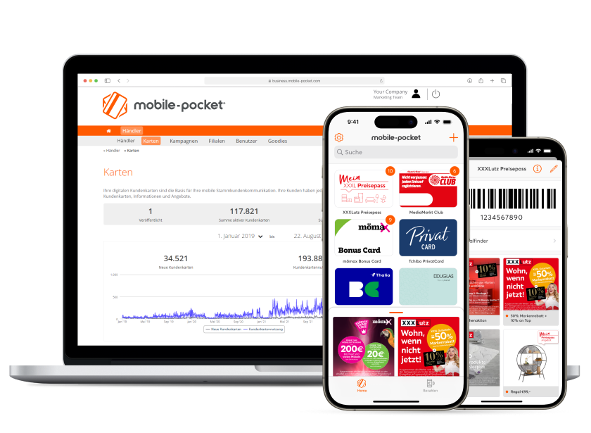 mobile-pocket Kundenbindung: Screens der Kundenkarten-App für Konsumenten und der Kundenbindungsplattform für Unternehmen