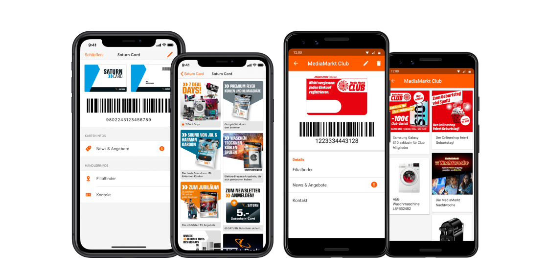 Screens davon, wie die Kundenkarten-App mobile-pocket bei MediaMarkt und Saturn im Einsatz ist