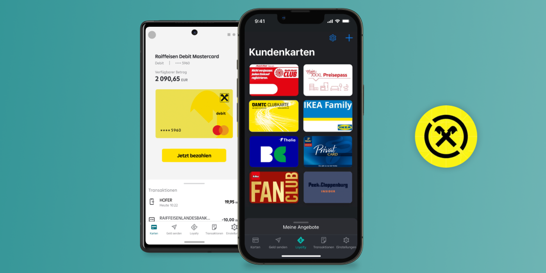 Screens der RaiPay App, die mobile-pocket integriert hat