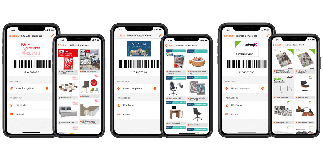Screens von XXXLutz, Möeblix und mömax in der Kundenkarten-App - die drei Marken setzen auf Marketinglösungen von mobile-pocket