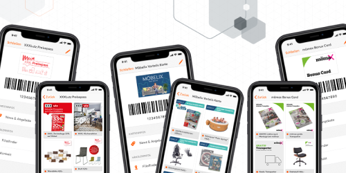 Screens von XXXLutz, Möeblix und mömax in der Kundenkarten-App - die drei Marken setzen auf Marketinglösungen von mobile-pocket